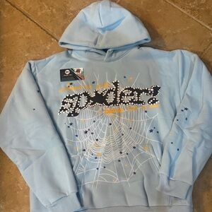 Light Blue Graphic Hoodie Sweater with Spiderweb Design